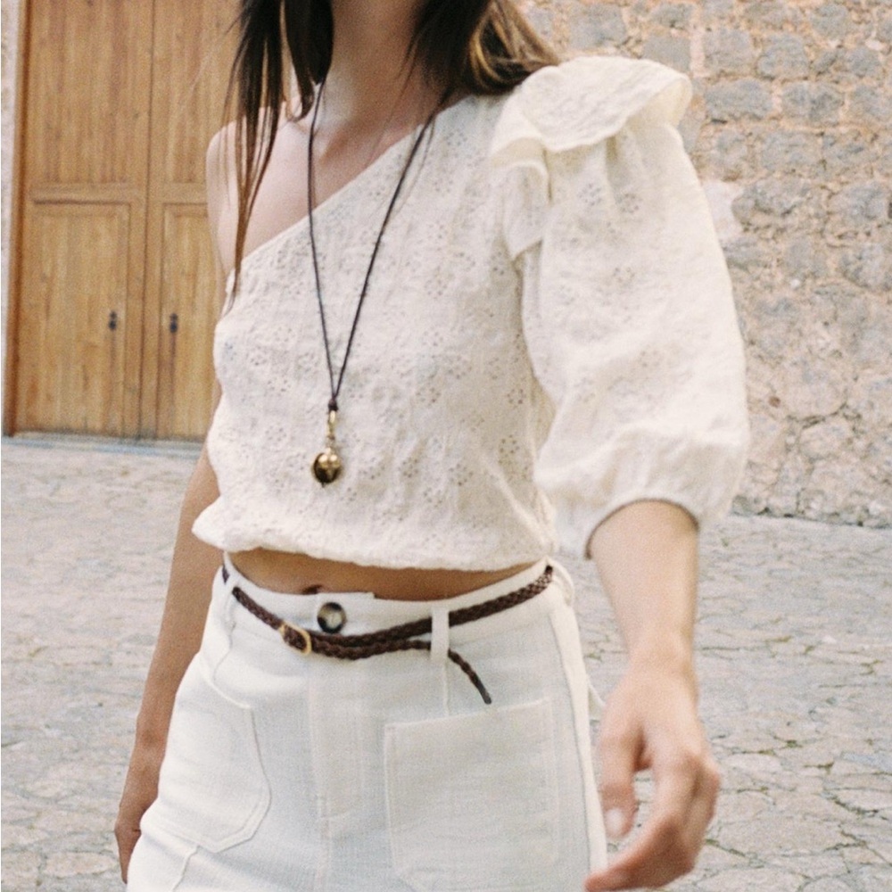 Zara Cream Lace One-Shoulder Blouse